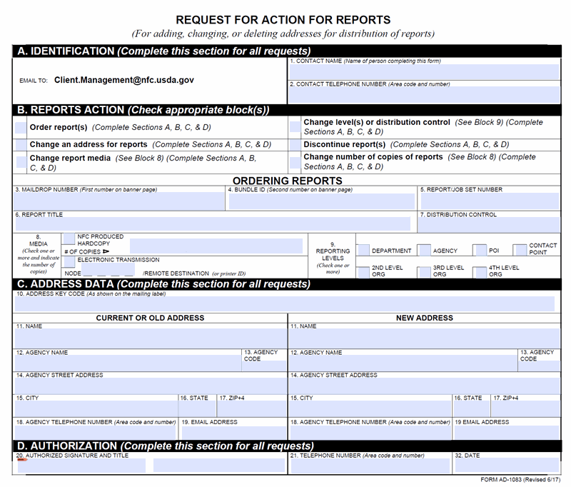 Form AD-1083, Request for Action for Reports