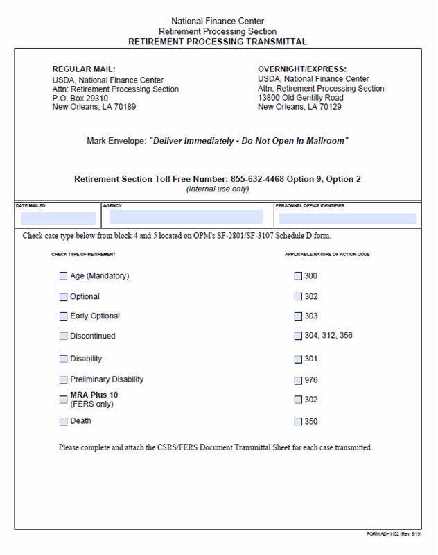 Form AD-1102 - Cover Sheet for Retirement Package