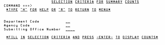 Selection Criteria For Summary Counts Screen (example is for Summary Counts of SF-50-B and SI-50)