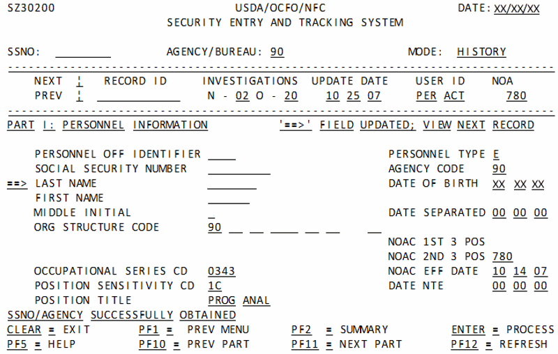 Summary/Detail History Part I: Personnel Information Screen