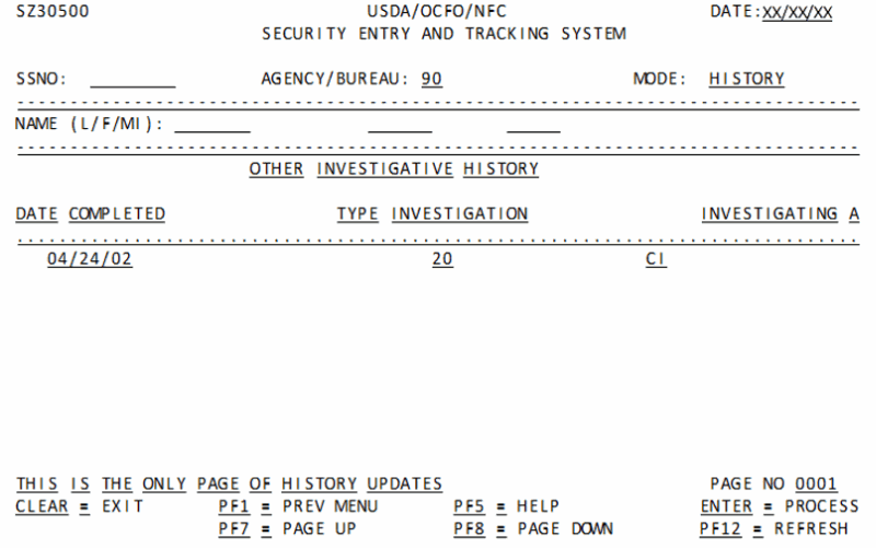 Other Investigative History Screen (With Information)