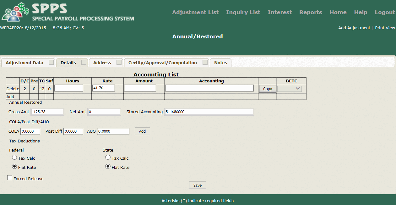 Annual Restored Leave Payments Page