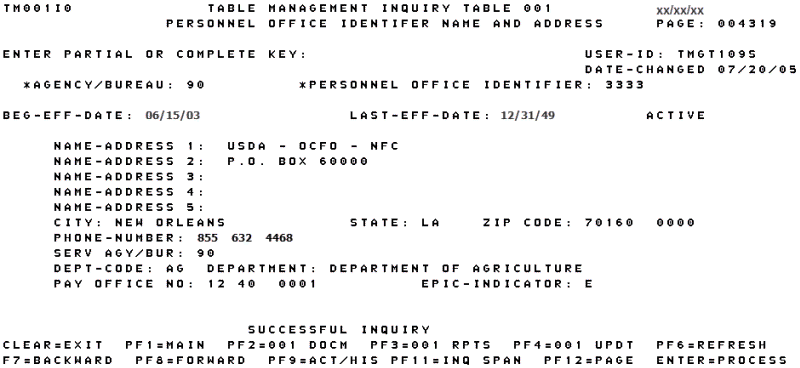 Table 001, Personnel Office Identifer Name and Address Screen