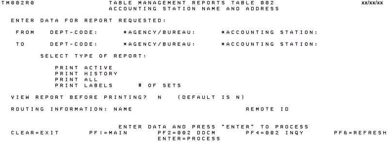 Table 002, Accounting Station Name and Address Reports Screen