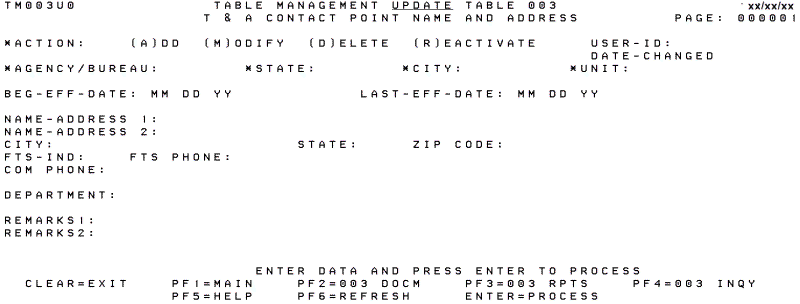 Table 003, T&A Contact Point Name and Address Update Screen