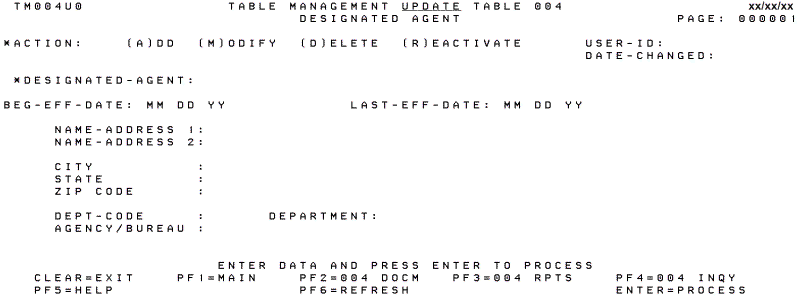 Table 004, Designated Agent Update Screen