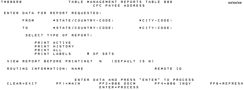 Table 006, CFC Payee Address Reports Screen