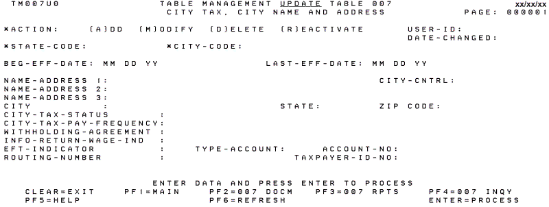 Table 007, City Tax, City Name and Address Update Screen