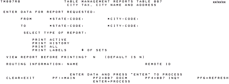 Table 007, City Tax, City Name and Address Reports Screen