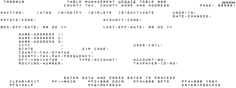 Table 008, County Tax, County Name and Address Update Screen