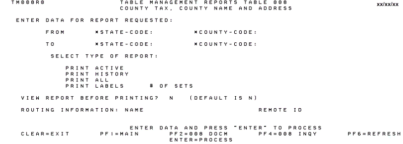 Table 008, County Tax, County Name and Address Reports Screen