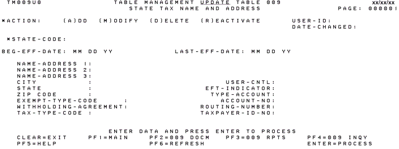 Table 009, State Tax Name and Address Update Screen