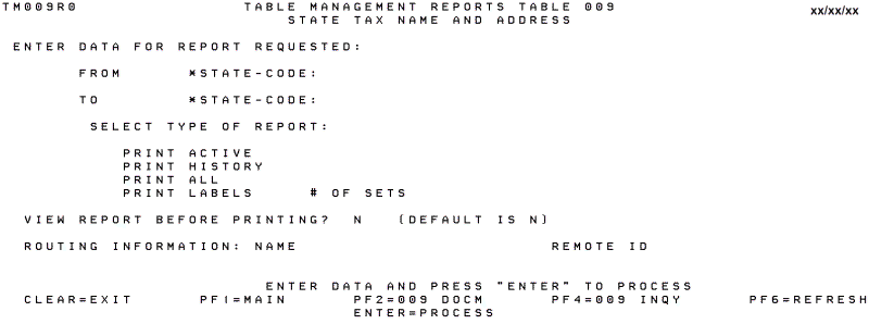 Table 009, State Tax Name and Address Reports Screen