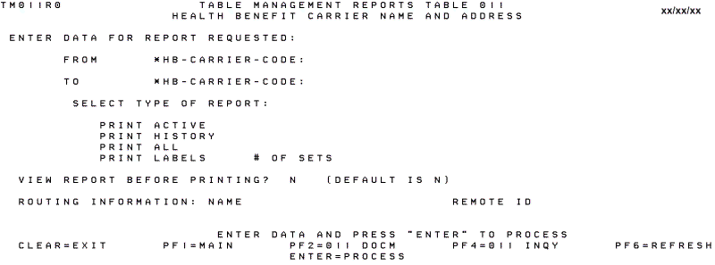 Table 011, Health Benefit Carrier Name and Address Reports Screen