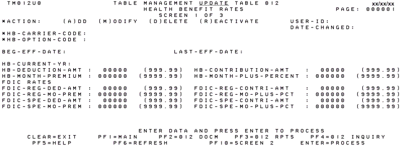 Table 012, Health Benefit Rates Update Screen