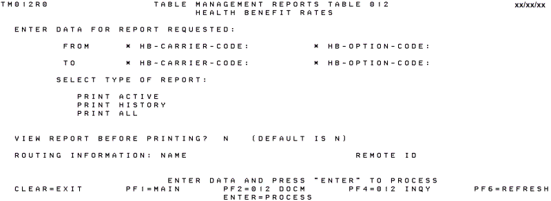 Table 012, Health Benefit Rates Reports Screen