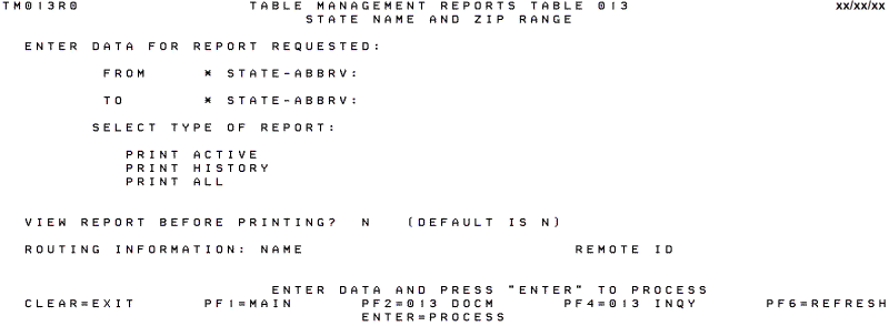 Table 013, State Name and Zip Range Reports Screen