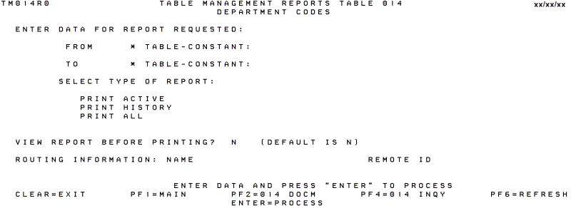 Table 014, Department Codes Reports Screen