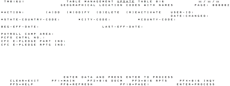 Table 016, Geographical Location Codes with Names Update Screen (Page 000002)