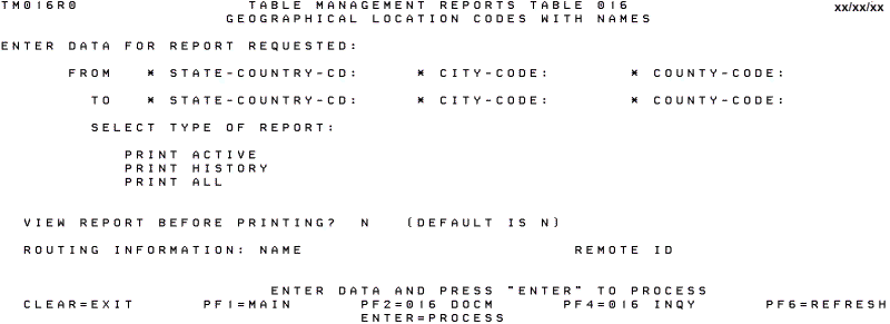 Table 016, Geographical Location Codes with Names Reports Screen