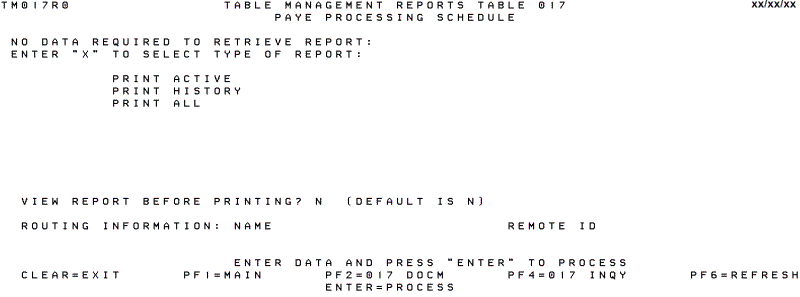 Table 017, PAYE Processing Schedule Reports Screen