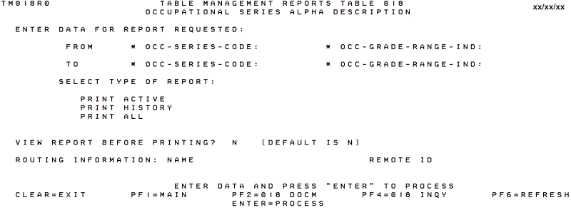 Table 018, Occupational Series Alpha Description Reports Screen