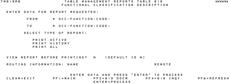 Table 019, Functional Classification Description Reports Screen