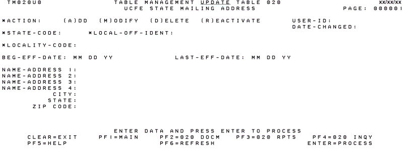 Table 020, UCFE State Mailing Address Update Screen