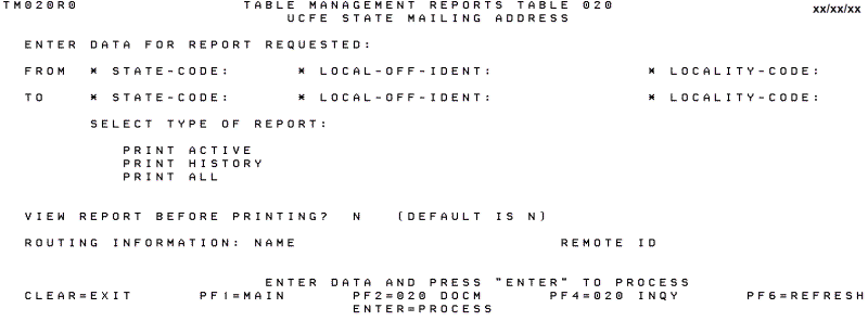 Table 020, UCFE State Mailing Address Reports Screen