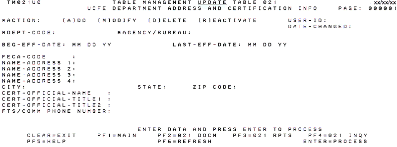 Table 021, UCFE Department Address and Certification Info Update Screen