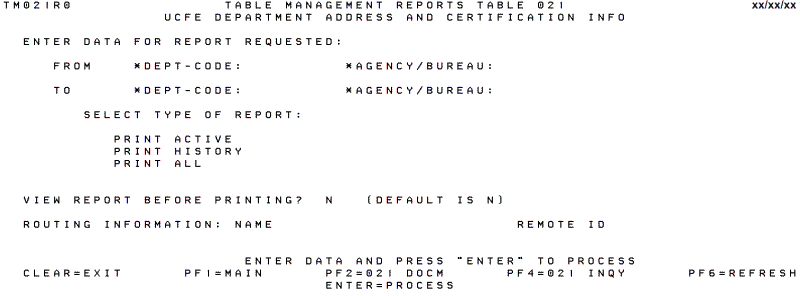 Table 021, UCFE Department Address and Certification Info Reports Screen