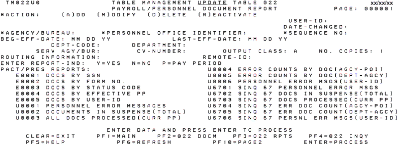 Table 022, Payroll/Personnel Document Report Update Screen