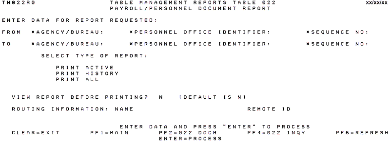 Table 022, Payroll/Personnel Document Report Reports Screen