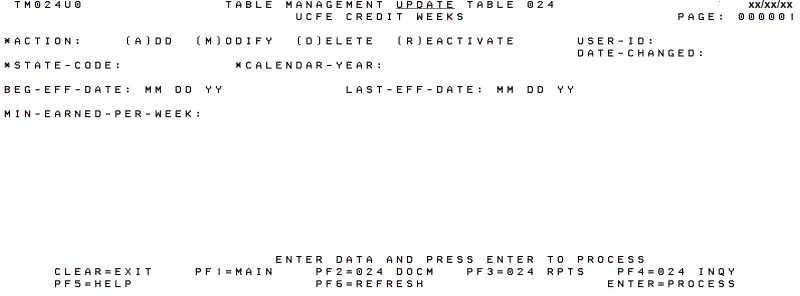 Table 024, UCFE Credit Weeks Update Screen