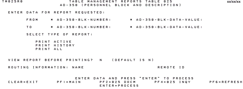 Table 025, AD-350 (Personnel Block and Description) Reports Screen