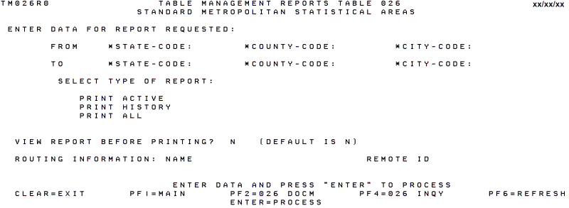 Table 026, Standard Metropolitan Statistical Areas Reports Screen