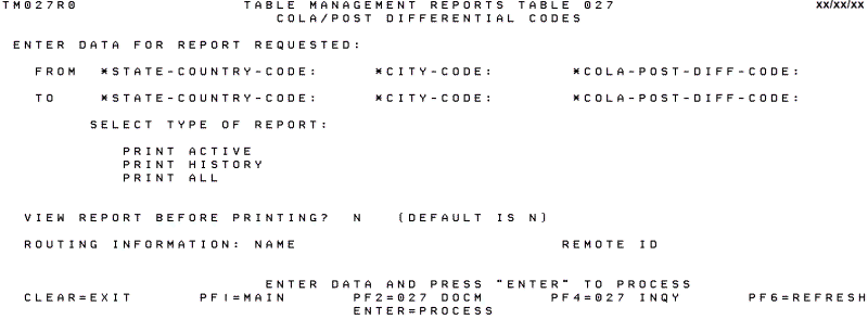 Table 027, COLA/Post Differential Codes Reports Screen