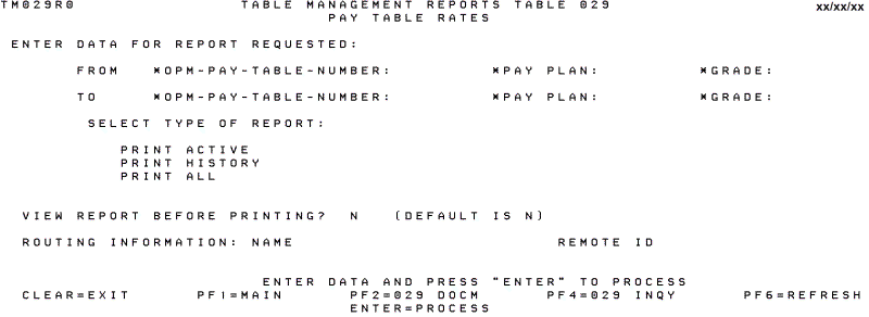 Table 029, Pay Table Rates Reports Screen