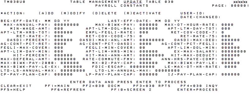 Table 030, Payroll Constants Update Screen (Page 000001)