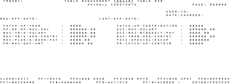 Table 030, Payroll Constants Update Screen (Page 000002)