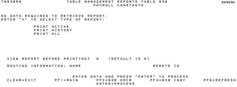 Table 030, Payroll Constants Reports Screen