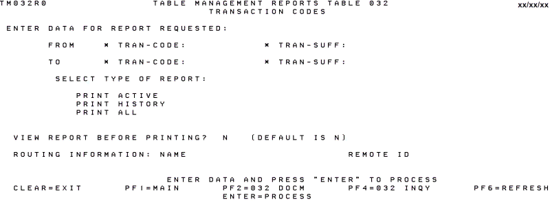 Table 032, Transaction Codes Reports Screen