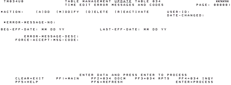 Table 034, Time Edit Error Messages and Codes Update Screen