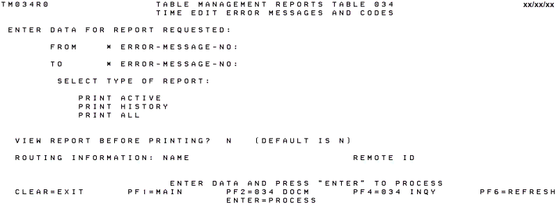 Table 034, Time Edit Error Messages and Codes Reports Screen