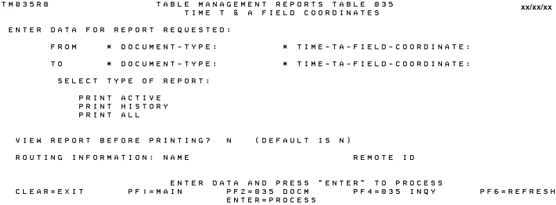 Table 035, Time T&A Field Coordinates Reports Screen