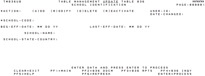 Table 036, School Identification Update Screen