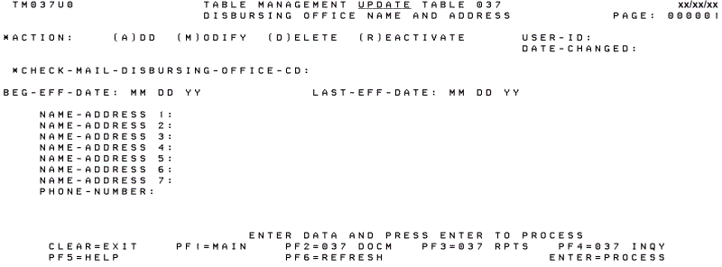 Table 037, Disbursing Office Name and Address Update Screen