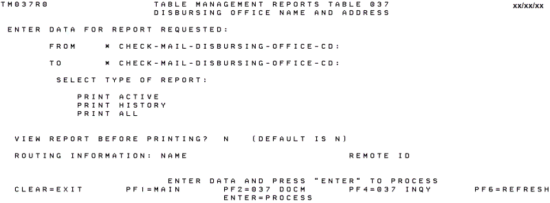 Table 037, Disbursing Office Name and Address Reports Screen