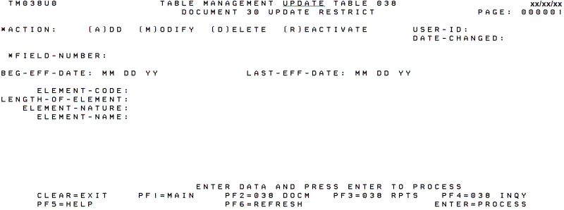 Table 038, Document 30 Update Restrict Update Screen