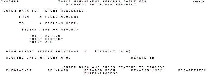 Table 038, Document 30 Update Restrict Reports Screen